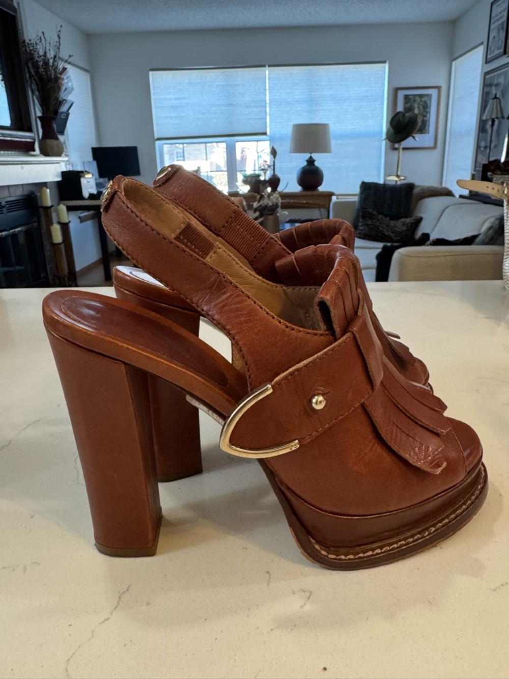Twin-Set Brown Leather Platform Slingback Heels